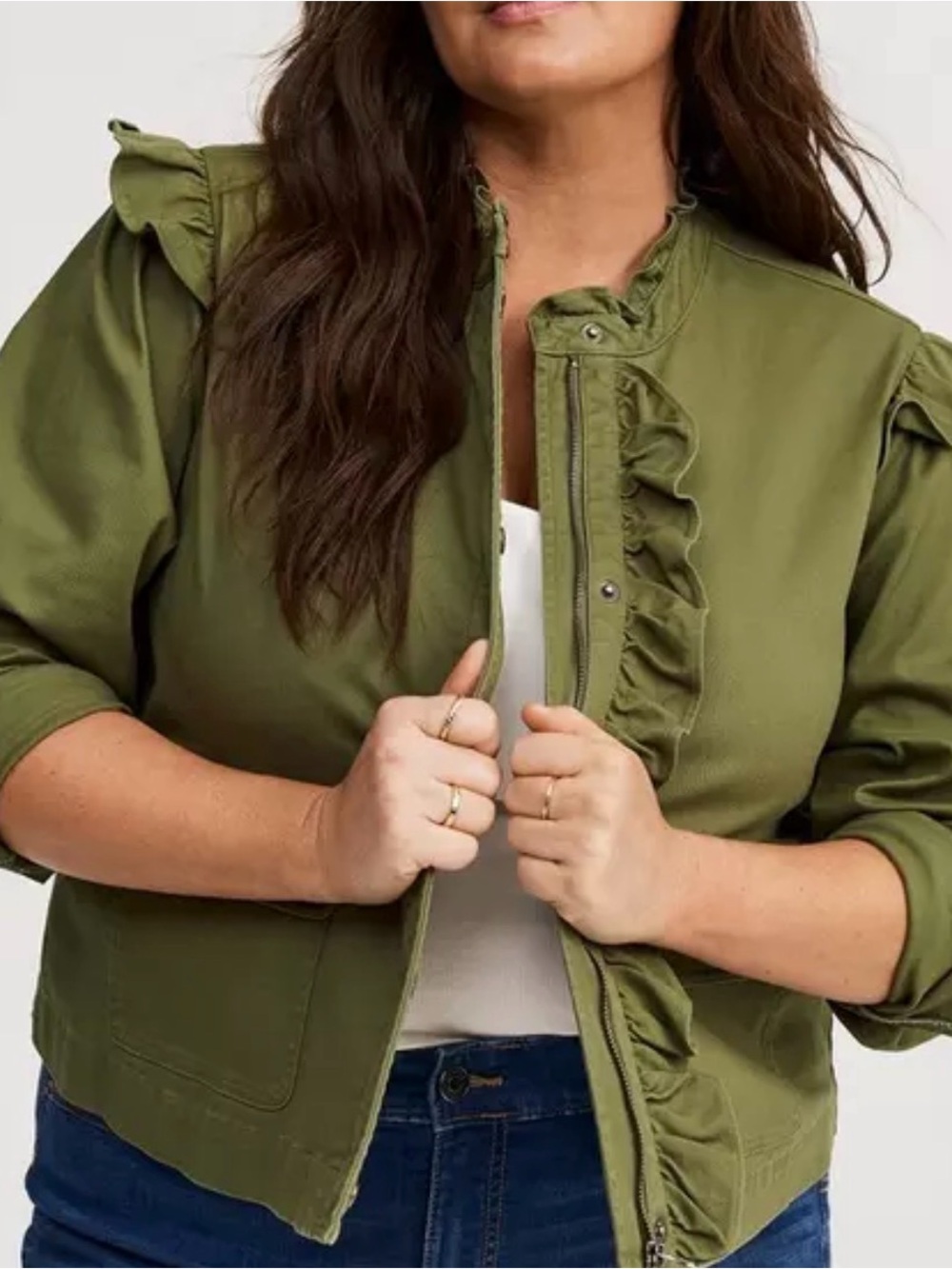 Torrid Olive green Twill Ruffle Utility Jacket Size 2X Military Moto Women - Picture 2 of 11